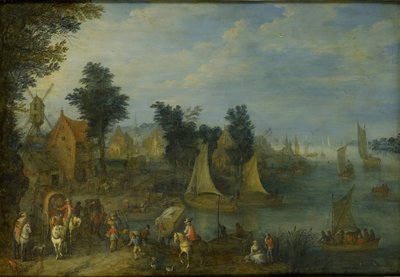 Dorf am Ufer eines Flusses von Joseph van Bredael