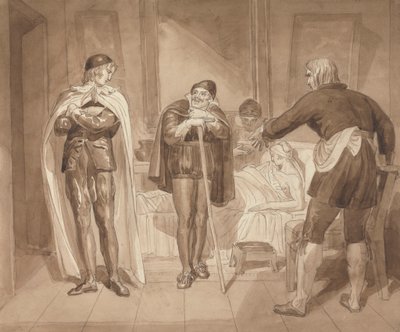 Gil Blas, während er unter Dr. Sangrado Medizin praktiziert, trifft Dr. Cuchillo am Bett des Lebensmittelhändlers von Joshua Cristall