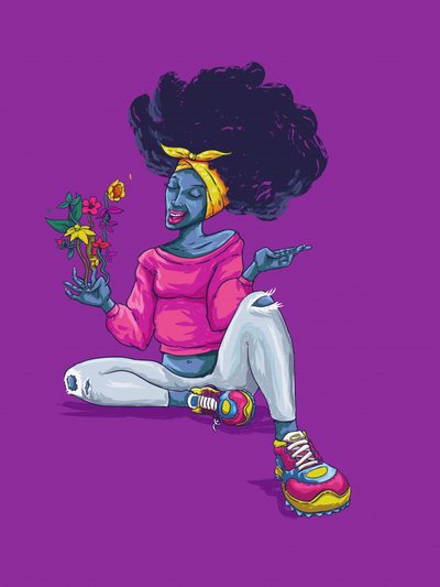 Fröhliche Afro-Frau mit Blumen von Joshua msonthe