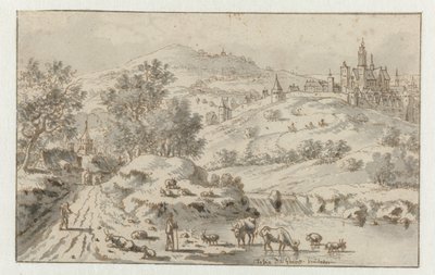 Gebirgige Landschaft mit einer Stadt auf einem Hügel von Josua de Grave