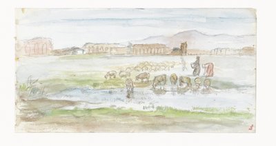 Ebene mit Schafen, im Hintergrund Ruinen eines Aquädukts von Jozef Israëls