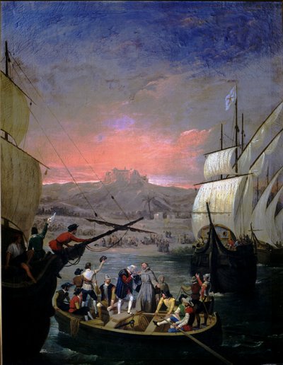 Abfahrt der Karavellen Santa Maria, Pinta und Nina in Palos 1492 von Juan Cabral Bejarano