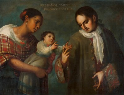 Ein Spanier und eine Mestizo-Frau mit ihrem Kind, einem 