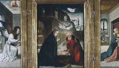 Die Geburt Christi Triptychon mit der Geburt flankiert von der Verkündigung von Juan de (school of) Flandes