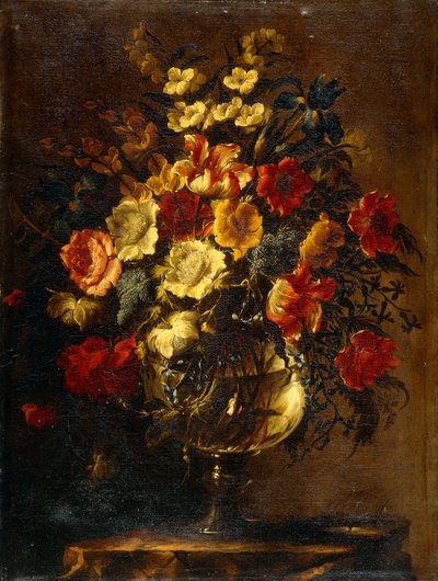 Blumen in einer Glasvase auf einem Felsen von Juan de Arellano