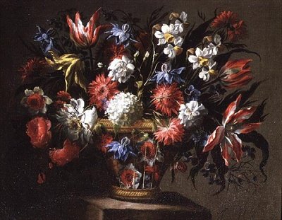 Stillleben mit Tulpen, Narzissen und anderen Blumen in einem Korb von Juan de Arellano