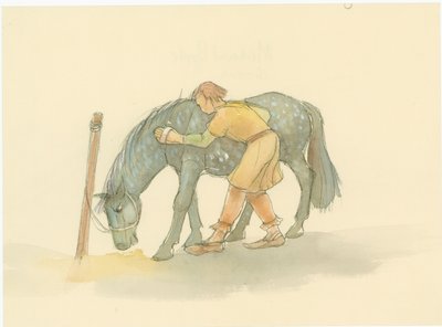 Ein mittelalterlicher Stallbursche bürstet ein Pferd von Judith Dobie