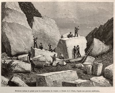 Mormonen schnitzen Granit für den Tempelbau. Gravur nach J. Ferats Zeichnung, zur Illustration der Geschichte La conquete blanche, von William Hepworth Dixon, 1875, veröffentlicht in „Le tour du monde“, 1876, herausgegeben von Edouard Charton, Hachette-A von Jules (after) Ferat