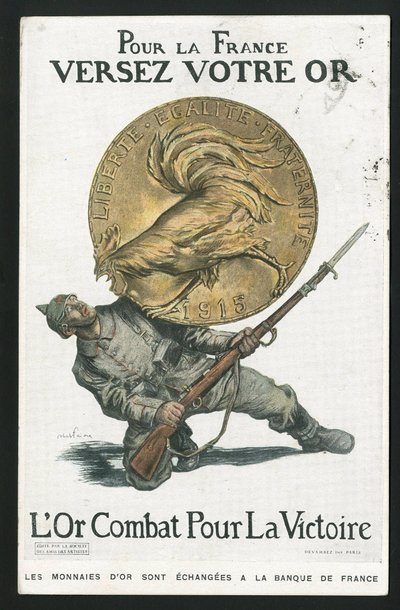 Postkarte, Satirisch in Farben, circa 1915: Für Frankreich, Gieße dein Gold - Krieg von 14-18, Deutschland Preußen, Silber, Kriegsparteien und Symbole, Sieg, Anleihe, Patriotische Tage - Hahn - Illustration von Abel Faivre (1867-1945) von Jules Abel Faivre