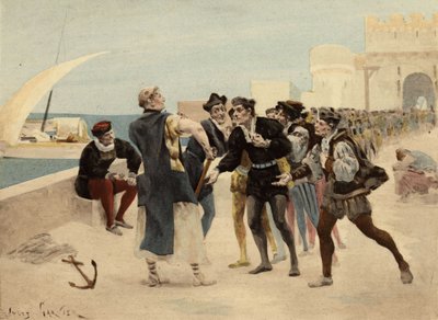 Bruder Jean, Mönch der Abtei von Seuille, bietet zwanzig Écus Gold den Chiquanous an, die bereit sind, sich schlagen zu lassen. Pantagruel. Illustration von Jules Garnier. In „Rabelais et l