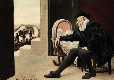 Gargantua wacht über seinen Sohn Pantagruel und beobachtet die Beerdigung von Badebec, seiner Frau. Illustration von Jules Garnier. In "Rabelais et l
