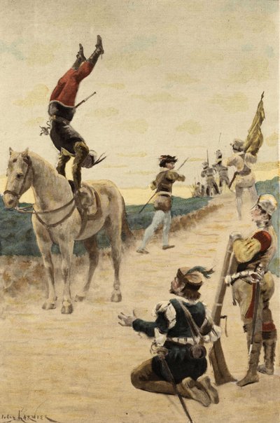 Turner führt Kapriolen auf seinem Pferd aus, die Tripets Soldaten in Angst fliehen lassen. Gargantua. Illustration von Jules Garnier. In „Rabelais et l
