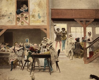 In einem Gasthaus in Chinon. Pantagruel und Panurge auf dem Zwischenstopp. Illustration von Jules Garnier. In "Rabelais et l
