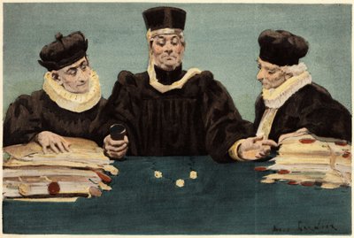 Justice Bridoye vollzieht Gerechtigkeit, indem er etwas wirft. Pantagruel. Illustration von Jules Garnier. In „Rabelais et l