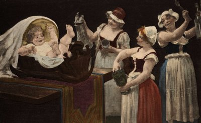 Die Hausmeister von Gargantua amüsieren das Kind, indem sie mit Gläsern und Flaschen Lärm machen. Gargantua. Illustration von Jules Garnier. In „Rabelais et l