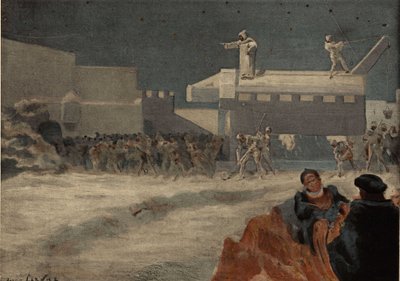 Die Arbeiter bauen die große Sau unter den Befehlen von Frere Jean, der darauf sitzt. Pantagruel. Illustration von Jules Garnier. In „Rabelais et l