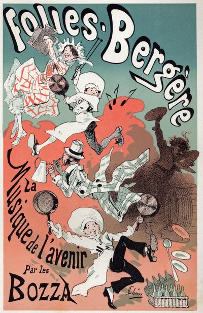 Kunst. Unterhaltung. Die Musik der Zukunft von den Bozzas. Plakat von Jules Cheret für eine Show im Folies Bergeres, Paris, um 1880 von Jules Cheret