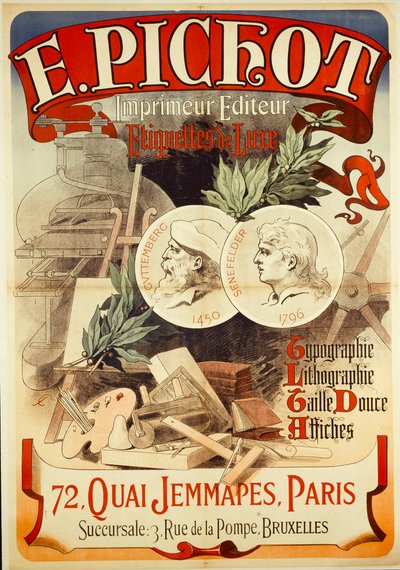 E.PICHOT/Drucker Herausgeber/ Luxus-Etiketten/ Typografie/ Lithografie/ Tiefdruck/ Plakate/ 72,QUAI JEMMAPES,PARIS von Jules Cheret