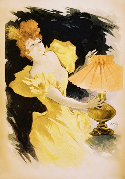 Vintage-Poster einer eleganten Frau, die eine Gaslampe einschaltet von Jules Cheret