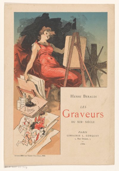 Frau umgeben von Werkzeugen und Materialien eines Druckmachers von Jules Cheret