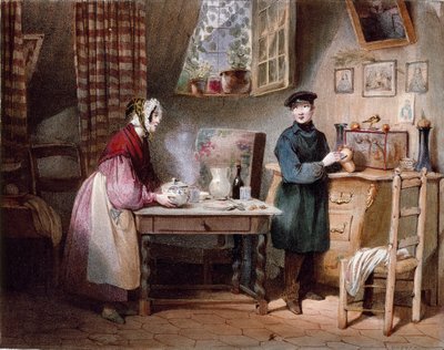 Wirtschaft. Junges Paar in einem Haus: Die Frau stellt einen Schluck auf den Tisch und der Mann steckt eine Münze in eine Sparbüchse. Farbgravur von Jules David (19. Jahrhundert) Paris, Musée Carnavalet von Jules David