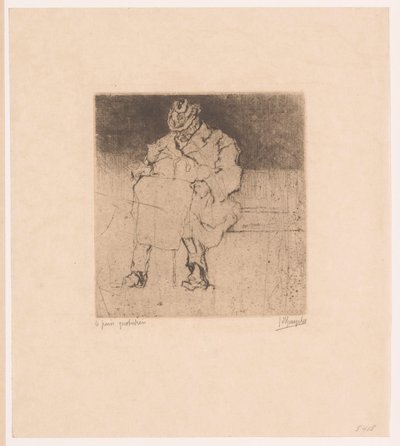Älterer Herr mit Spazierstock sitzt auf einer Bank von Jules De Bruycker (signed by artist)