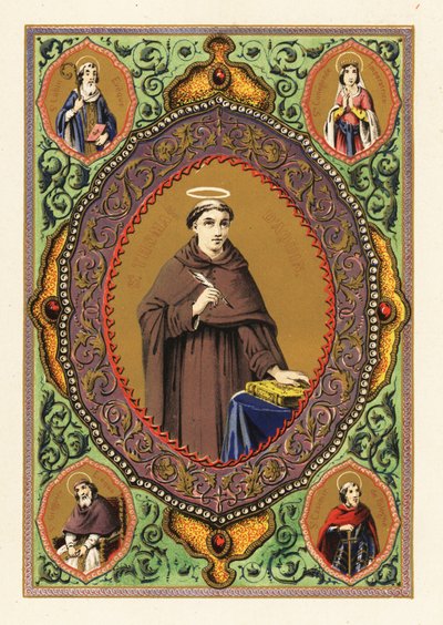 Porträt des Heiligen Thomas von Aquin, mit Heiligenschein, Federkiel und Bibel, in einem dekorativen Rahmen aus Laub und Gold von Jules Desportes