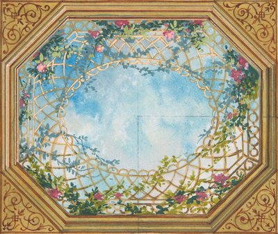Entwurf für eine Decke, bemalt mit Wolken, Gittern und Rosen, zweite Hälfte des 19. Jahrhunderts. Schöpfer: Jules-Edmond-Charles Lachaise, Eugène-Pierre Gourdet von Jules Edmond Charles Lachaise and Eugène Pierre Gourdet