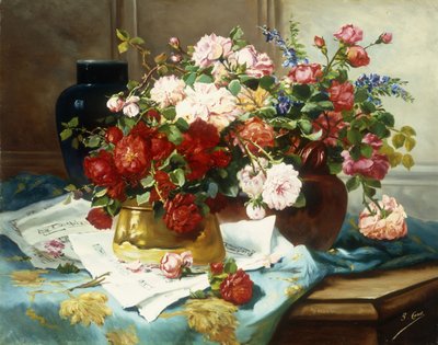 Stillleben mit Blumen und Notenblatt von Jules Etienne Carot