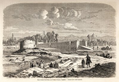 Die Brücke Allah Verdi Kahn, errichtet um 1608 in Isfahan (Iran), ist sowohl ein Übergangspunkt über den Fluss Zend e Roud als auch ein Damm zur Regulierung des Flussverlaufs, mit einem Talar oder Spiegelkiosk, wo der persische Herrscher beobachten konnte von Jules Joseph Augustin Laurens