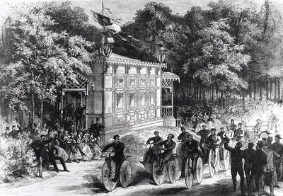 Ein Velocipede-Rennen im Pré Catelan, um 1860-70 von Jules Pelcoq