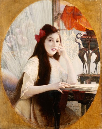 Porträt eines jungen Mädchens an einem Schreibtisch, 1904 von Jules Verdier
