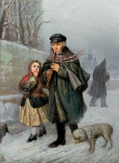 Klarinettist - Szene aus einer Straße in Petersburg (Bettler-Klarinettist mit Mädchen und Hund) von Julian Bończa Tomaszewski