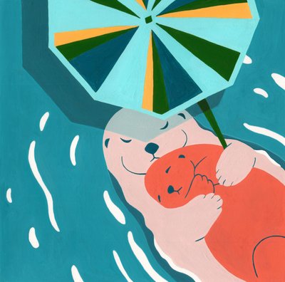 Kuschelnde Otter unter Regenschirm von Julie Lesouef