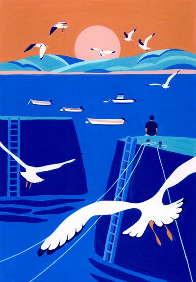 Hafen-Sonnenuntergang Möwen von Julie Lesouef