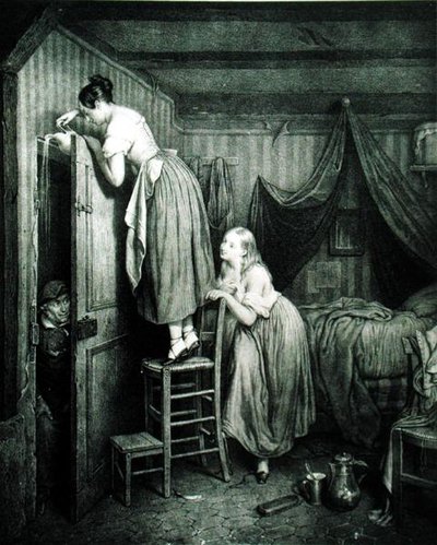 Der neugierige Parker bestraft, graviert von Alphonse Leon Noel (1807-84) von Julien (after) Vallou de Villeneuve