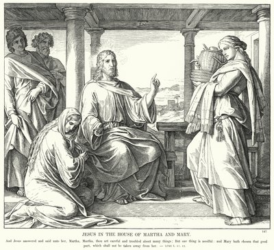 Jesus im Haus von Martha und Maria (Gravur) von Julius (after) Schnorr von Carolsfeld