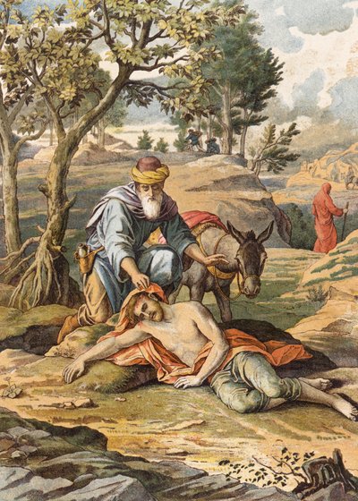 Der barmherzige Samariter (Farblithografie) von Julius (after) Schnorr von Carolsfeld