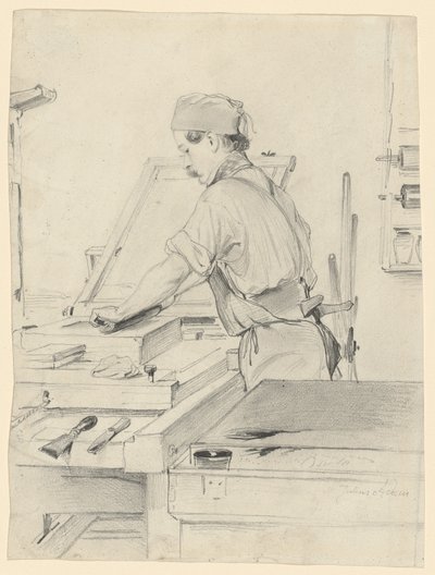Selbstporträt bei der Arbeit an einer Lithografiepresse von Julius Adam the Elder