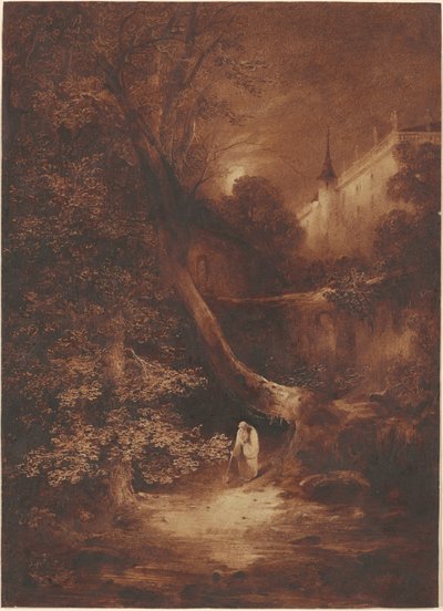 Mondscheinlandschaft mit einem Mönch, der in der Nähe eines Palastes spaziert von Julius Albert Elsasser