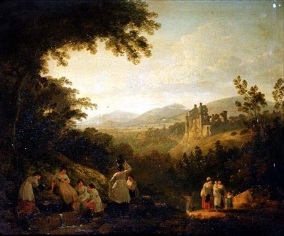 Bewaldete Landschaft mit Wäscherinnen an einem Brunnen von Julius Caesar Ibbetson