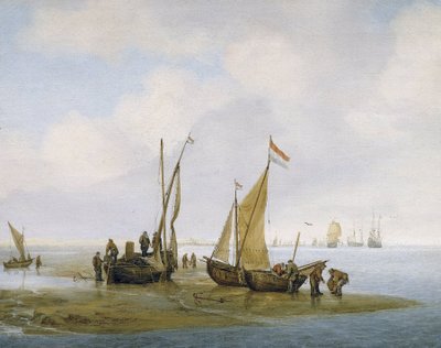 Muschelfischen, drei niederländische Fischerboote am Ufer, eines davon hat das Segel gehisst, und Gruppen von Fischern sind damit beschäftigt, Boote zu warten und zu entladen, weiter unten am Strand tragen zwei weitere Körbe voller Muscheln von Julius Porcellis