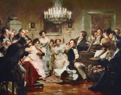 Franz Schubert (1797-1828) am Klavier während eines Schubert-Abends in einem Wiener Salon - Gravur nach Julius Schmid (1854-1935) von Julius Schmid