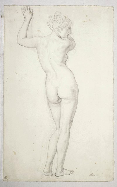 Weiblicher Akt in stehender Pose, von hinten gezeigt; verso, Umriss eines weiblichen Akts von Julius Schnorr von Carolsfeld