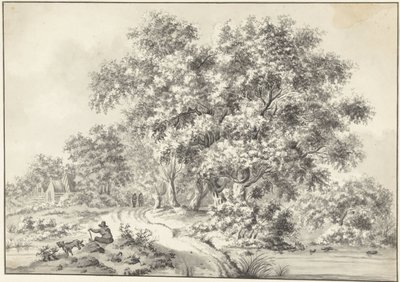 Landschaft mit sitzendem Mann mit Hund und Spaziergängern auf Landweg von Jurriaan Andriessen (possibly)