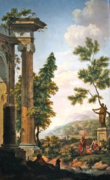 Arkadische Landschaft mit klassischen Ruinen und Figuren am Flussufer von Jurriaan Andriessen