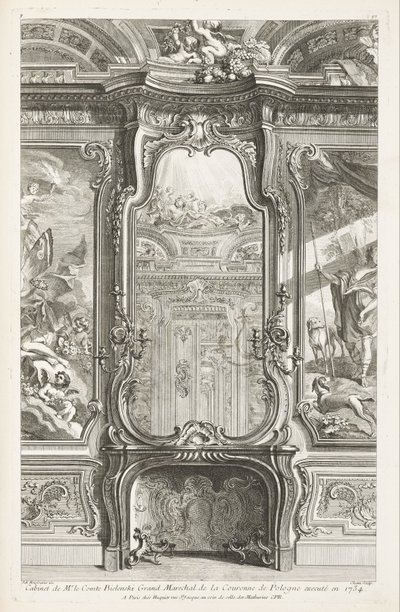 Kabinett von Herrn Graf Bielenski, Großmarschall der Krone von Polen, ausgeführt 1734; Kamin mit Spiegel, mit auf beiden Seiten einem Teil der Wandverkleidung und Gemälden, 1. Tafel von Juste Aurèle Meissonnier