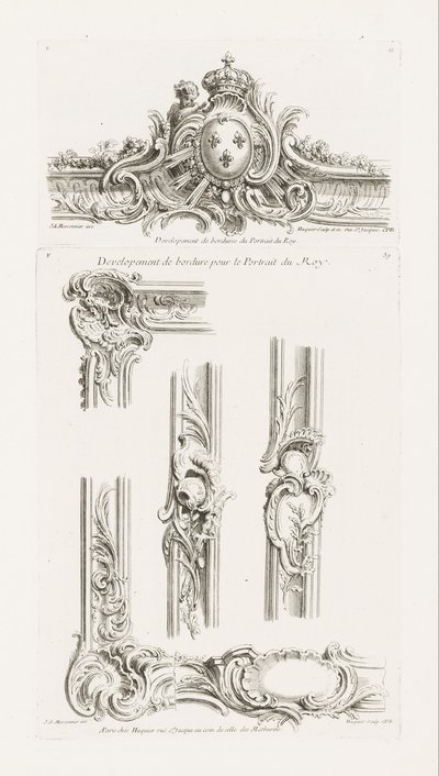 Design eines Kartusche mit den Waffen des Königs in einem Rahmen zentriert von Juste Aurèle Meissonnier