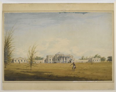 Ein europäisches Haus in Madras, ein Palankin und eine Kutsche an der Tür, ein Wasserträger im Vordergrund von Justinian Gantz
