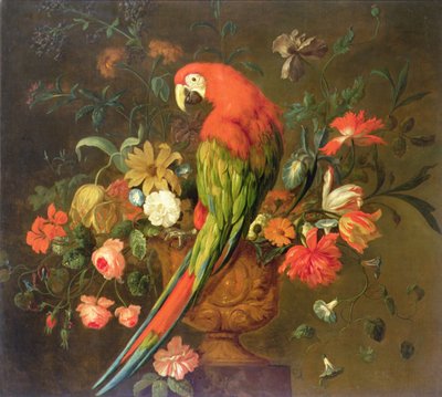 Scharlachara auf einer skulptierten Urne mit Blumen von Justus van Huysum